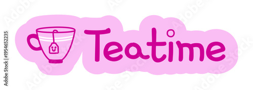 Cute teatime hand drawn line sticker illustration. Kawaii drink tea cup. Cozy teabreak. Digital planning clip art in doodle style. Colorful planner icon label. Bullet journal die cut element