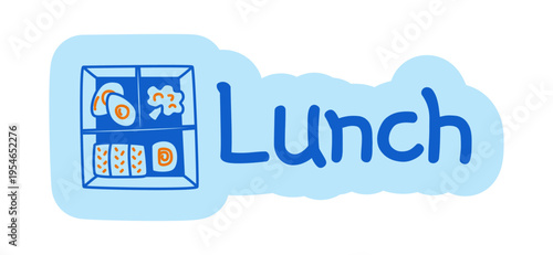 Cute bento lunch hand drawn line sticker illustration. Japanese food box. Lunchtime meal. Digital planning clip art in doodle style. Colorful planner icon label. Bullet journal die cut element