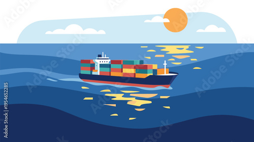 A large cargo container ship sailing on the deep blue ocean under a clear sky with the sun reflecting on the water, illustrating global shipping and logistics.