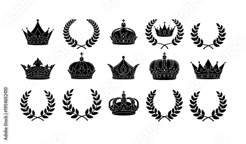Minimalist black silhouette vector set of crowns and laurel wreaths for regal and heraldic illustrations