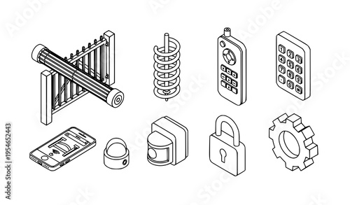Isometric black outline vector icon set of automatic rolling gates, keypad, remote, sensor, and mobile control