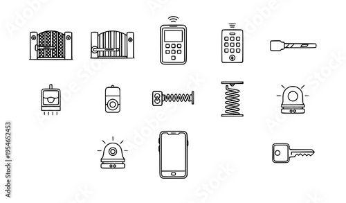 Minimalist black outline icon set for automatic rolling gates, keypad, remote, sensor, and mobile app