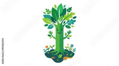 A friendly cartoon tree with a smiling face and outstretched arms, surrounded by small flowers and visible roots, symbolizing nature and growth.