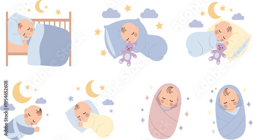 Cute Sleeping Baby Set with Different Bedtime Poses Swaddled Newborn Moon Clouds Stars and Teddy Bear for Nursery Illustration and Childcare Design.