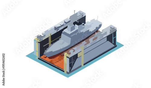 Isometric floating dry dock with warship vector illustration for technical shipyard and maritime education