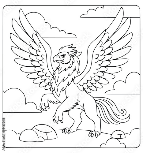 Gryphon coloring page features a fierce mythical beast with spread wings