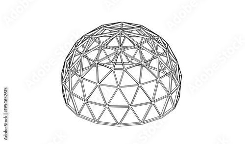 Isometric hand-drawn line art vector of geodesic dome with geometric triangular panels for architecture and design