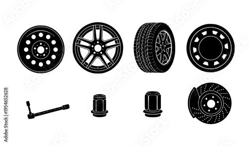 Black silhouette vector set of car wheels, tires, rims, and automotive parts for automotive illustrations