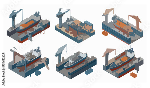 Isometric multiple dry docks with cargo and naval ships vector set for shipbuilding and industrial illustration