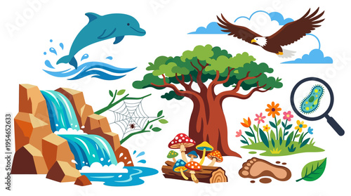 A vibrant illustration showcasing diverse natural elements including animals, plants, water features, and microscopic life, representing biodiversity.
