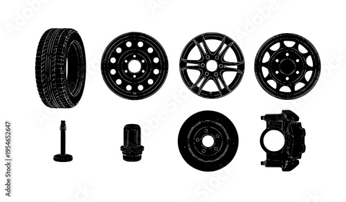 Car wheel and parts silhouette vector icons set including tires, rims, lug nuts, and hubcaps