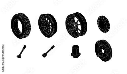 Isometric black silhouette vector set of car tires, rims, lug nuts, and hubcaps for automotive design