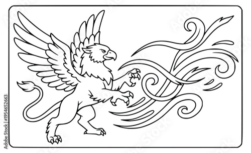  Mythology coloring page of a majestic griffin with large decorative swirling patterns