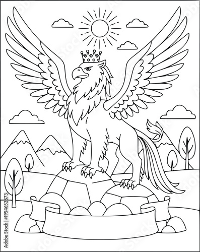  Mythology coloring page of a royal griffin wearing a crown on a mountain peak