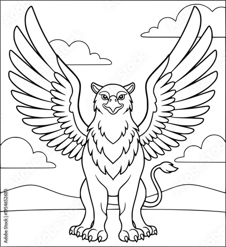 Mythology coloring page of a majestic griffin with spread wings in a landscape