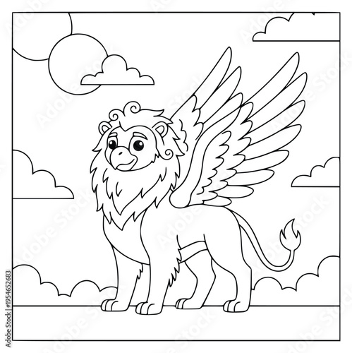 Mythology coloring page of a cute griffin standing in a cloudy sky