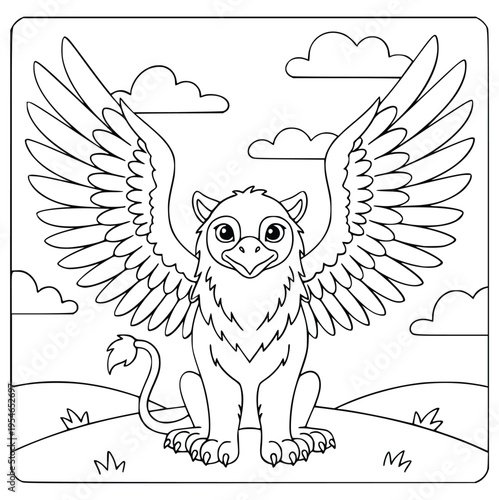 Griffin coloring page for kids features a cute mythological bird creature