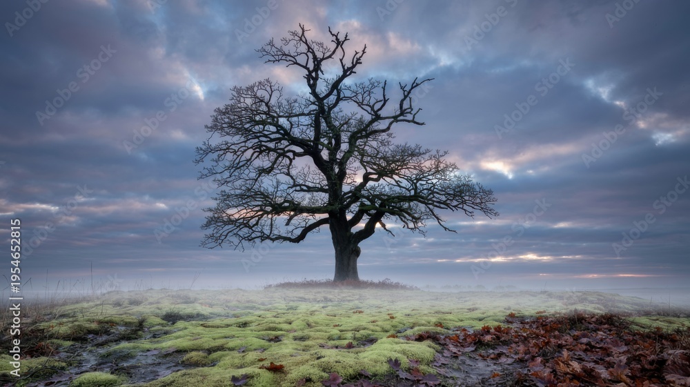 Fototapeta premium Majestic ancient oak tree standing alone in a misty field at twilight