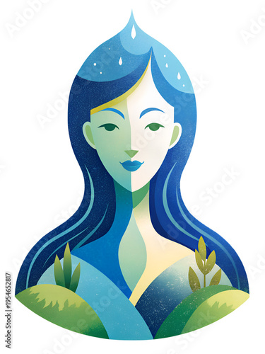 Girl in double exposure explores nature with blue tones and greenery in an artistic portrayal focused on connection to the environment