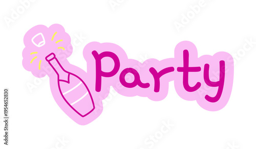 Party hand drawn line sticker illustration. Champagne bottle popping. Celebration event. Digital planning clip art in doodle style. Colorful planner icon label. Bullet journal die cut element