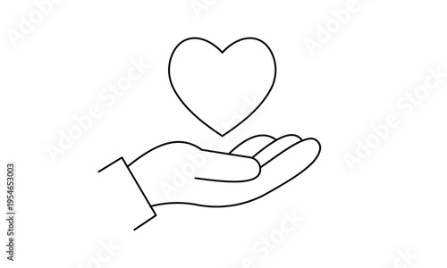 Hand holding heart icon for charity donation care and social responsibility support concept outline. Editable stroke. Vector illustration.