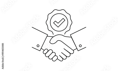 Handshake with quality check mark icon for business partnership trust agreement and professional deal. Editable stroke. Vector illustration.