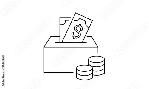 Donation box with cash and coins for charity fundraising financial support and money saving icon. Editable stroke. Vector illustration.