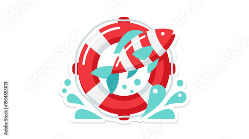 Stylized illustration of a fish jumping through a lifebuoy with water splashes, symbolizing safety and aquatic life.