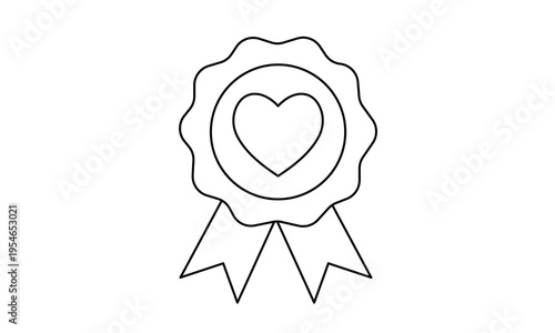 Award ribbon with heart icon for best social responsibility quality guarantee and charity success. Editable stroke. Vector illustration.