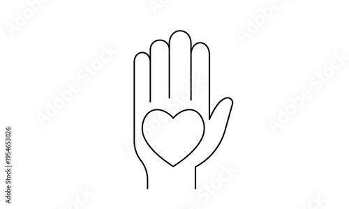 Human hand with heart symbol for volunteering community care and social support service icon. Editable stroke. Vector illustration.