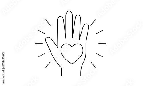 Shining hand with heart symbol for spiritual hope healing power and inspirational care icon. Editable stroke. Vector illustration.