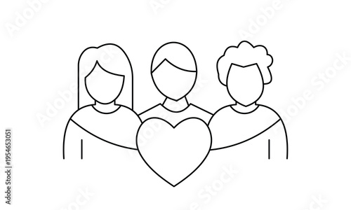 Group of people with heart icon for community teamwork unity and diversity social support concept. Editable stroke. Vector illustration.