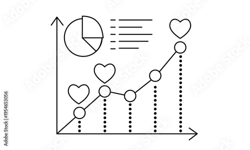 Social growth graph with heart icons and pie chart for charity performance and donation analysis. Editable stroke. Vector illustration.