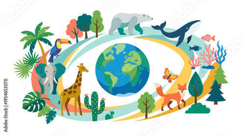 Illustration depicting global biodiversity with various animals, plants, and ecosystems surrounding the Earth, symbolizing environmental protection and nature's interconnectedness.