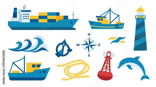 Collection of various nautical elements including ships, boats, lighthouse, waves, anchor, compass, buoy, rope, and a dolphin on a white background.