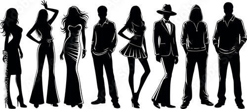 Fashionable Silhouette Collection of Men and Women in Various Stylish Outfits Elegant Formal Wear Casual Streetwear and Trendy Modern Apparel