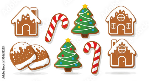 Christmas gingerbread cookies, candy canes, and decorated trees isolated on white background
