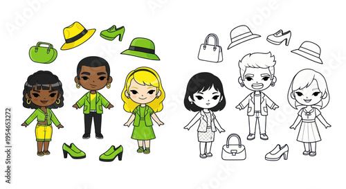 Cute cartoon paper dolls with fashion accessories and outfits