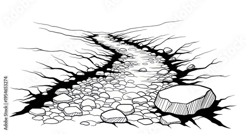 Cracked Earth Revealing Rocky Riverbed Illustration