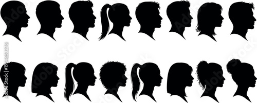 Collection of Profile Silhouettes Featuring Diverse Male and Female Heads with Various Hairstyles for Avatars Social Media Icons and Vector Design