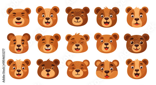 Cute Cartoon Bear Faces Collection, Different Emotions and Expressions