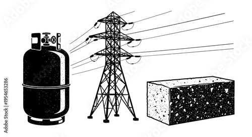 Energy sources: gas cylinder, power lines, and concrete block illustration