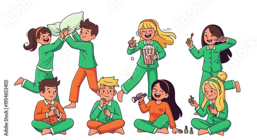 Children's pajama party fun: pillow fight, popcorn, nail polish, and flashlight games