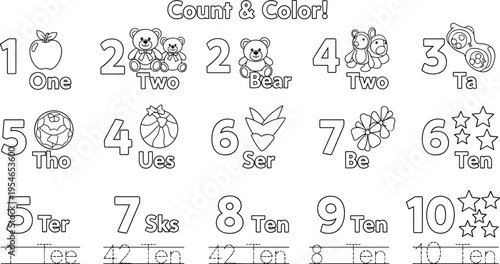 Count and color numbers worksheet with objects for kids minimal line art educational vector illustration