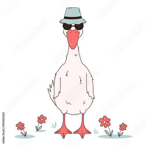 cute hand drawn cartoon character cool goose with blue hat and sunglasses and red daisy flowers funny vector illustration isolated on white background
