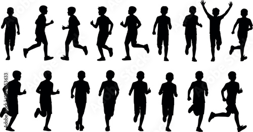 Set of Black Silhouette of Little Boys Running and Jogging in Various Dynamic Poses Isolated on Transparent White Background