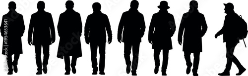 Group of Men in Winter Coats Walking Forward Silhouettes with One Man in Profile Carrying a Backpack on White Background