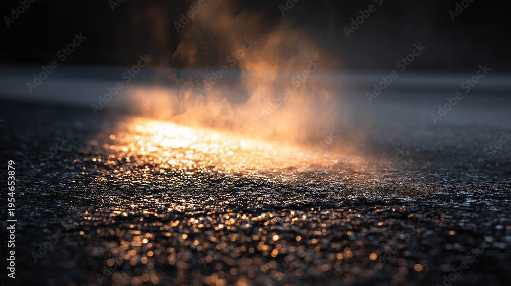 Fototapeta premium Steam rising from hot asphalt road glowing in evening light urban heat effect texture background
