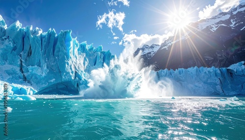 Massive glacier calving event creates dramatic splash in turquoise waters under a bright, sunlit sky