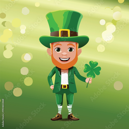 Cartoon leprechaun holding shamrock against green background for celebration